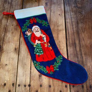 Vintage Needlepoint Christmas Stocking OLD WORLD SANTA